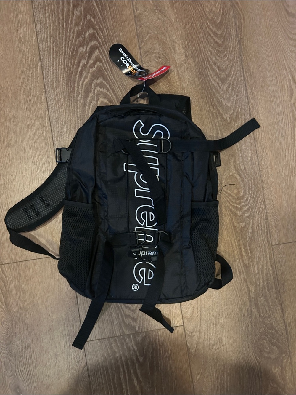 Supreme Black Backpack with White Vertical Logo